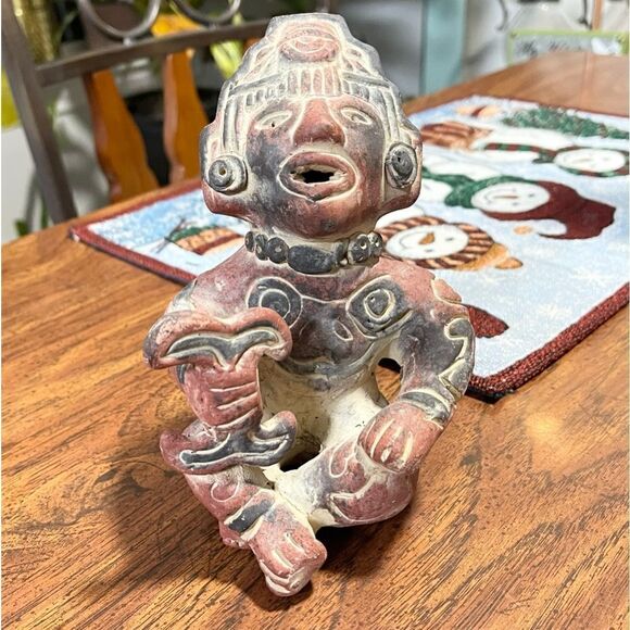Mexican Folk Art Clay Terracotta Pottery Aztec Mayan Seated Tribal Figure 5 1/4” - Picture 1 of 5